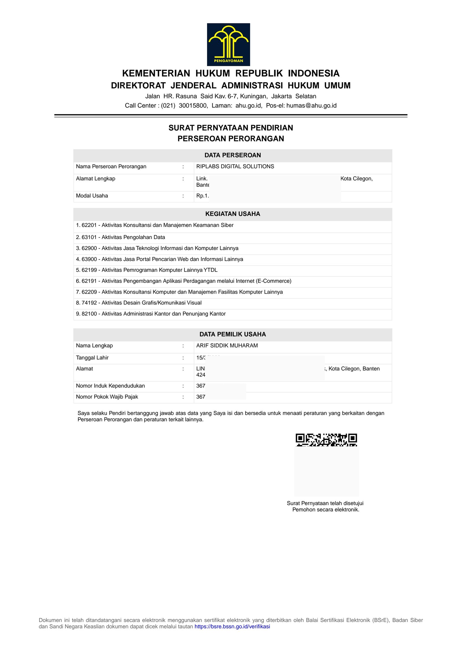 Surat Pernyataan Pendirian PT RipLabs Digital Solutions