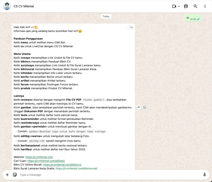 WhatsApp Chatbot CV Milenial (CiMi Bot)
