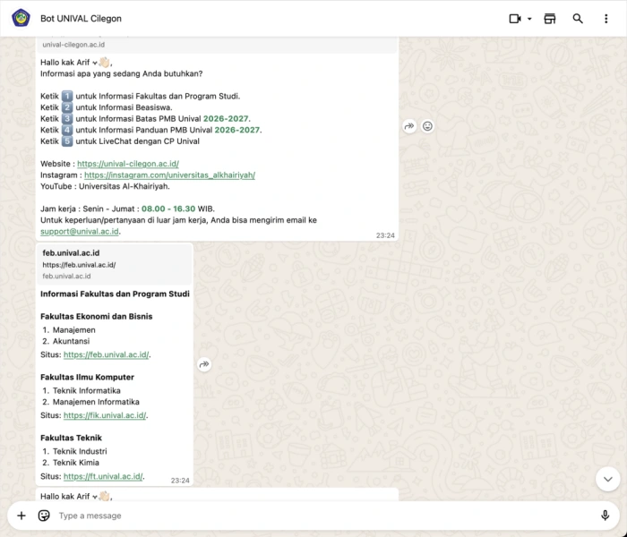 WhatsApp Chatbot Informasi Kampus UNIVAL Cilegon